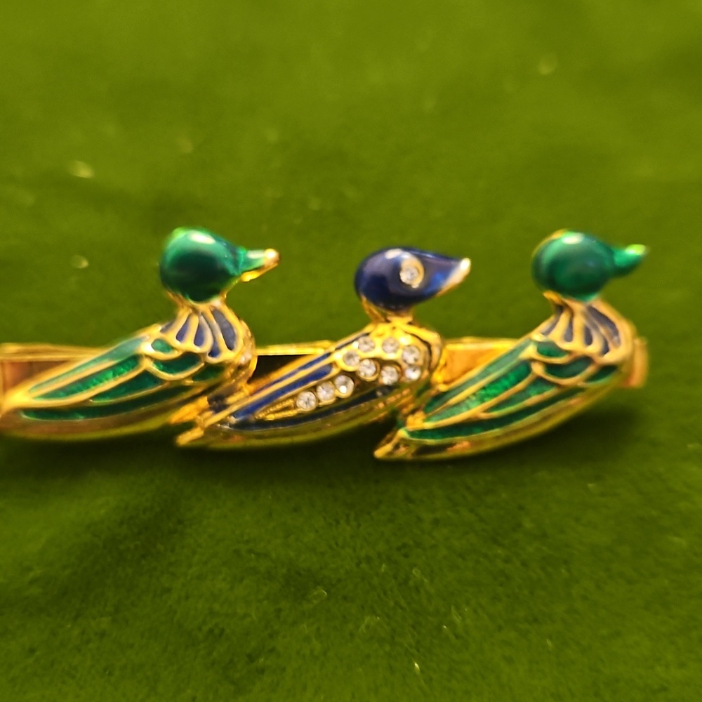 Vintage Gold-Tone Green & Blue Duck Tie Bar with Crystal Accents - Picture 5 of 5